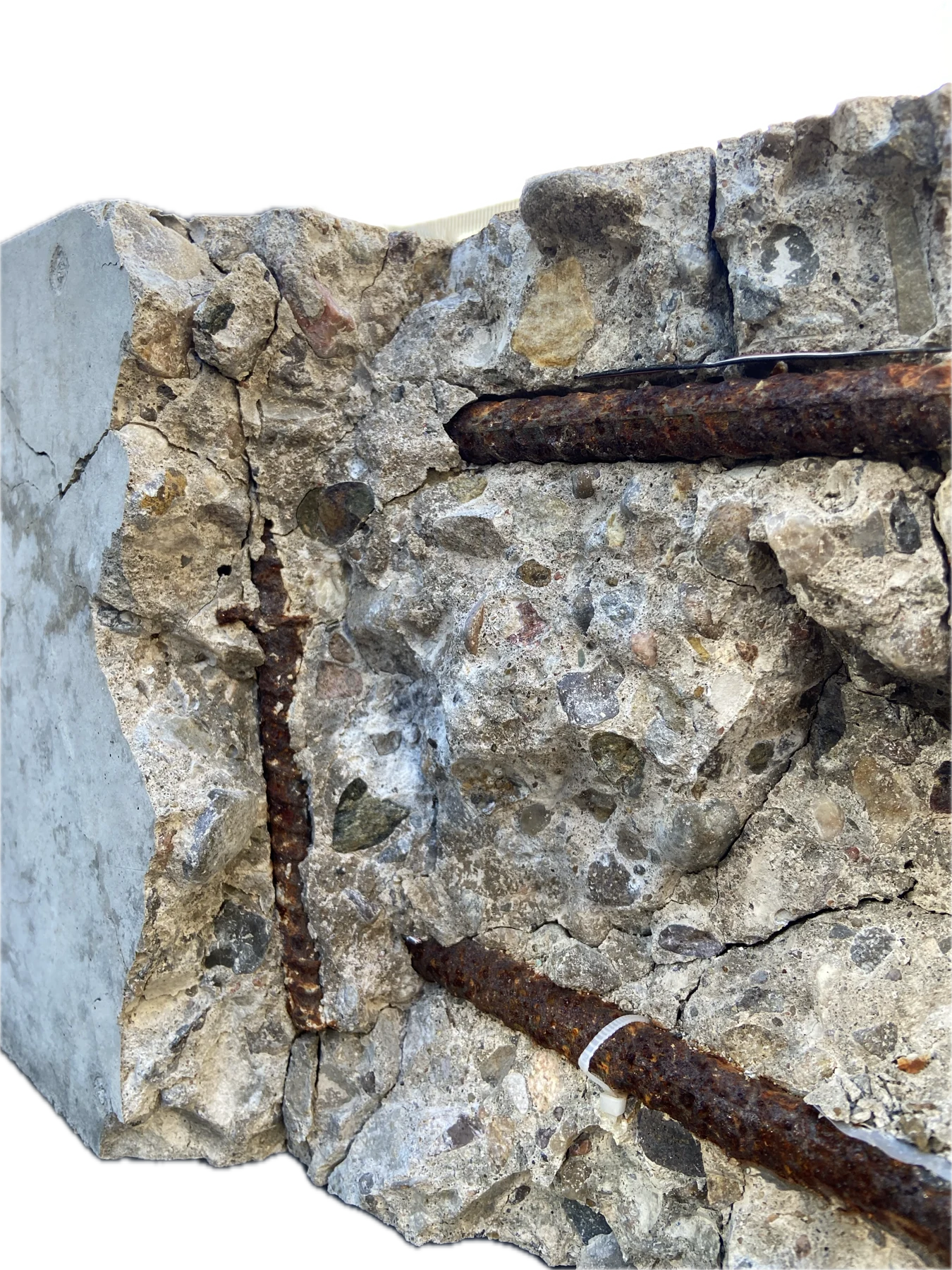Cracked concrete specimen with exposed corroded reinforcement