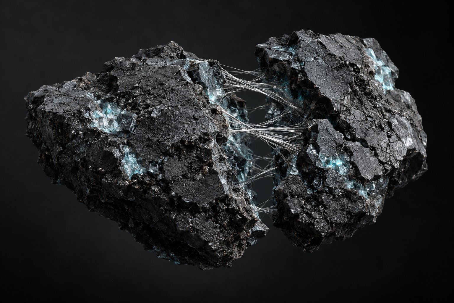 Conceptual artwork of fibers bridging a fracture in a dark cement-like material